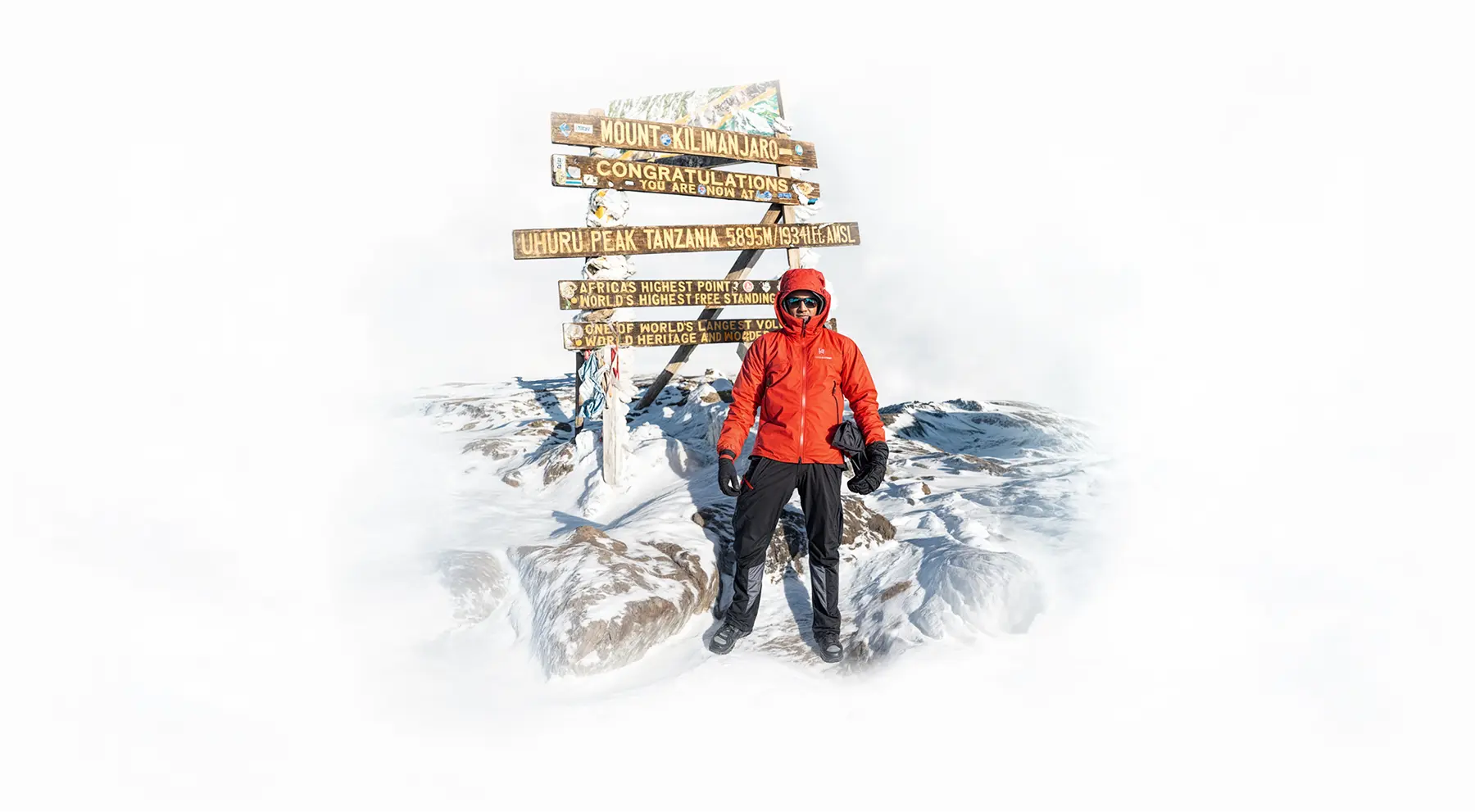 Bergsteiger beim Gipfelschild des Uhuru Peak am Kilimandscharo Bergsteiger beim Gipfelschild des Uhuru Peak am Kilimandscharo