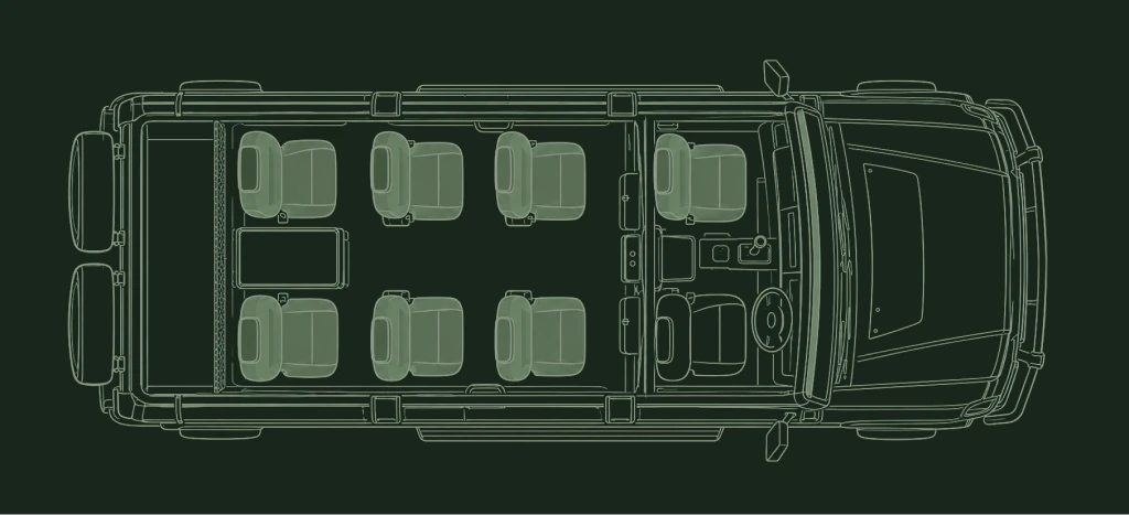 Sitzlayout eines Safarifahrzeugs für 7 Gäste